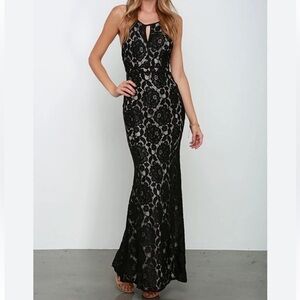 Maniju black lace halter maxi dress